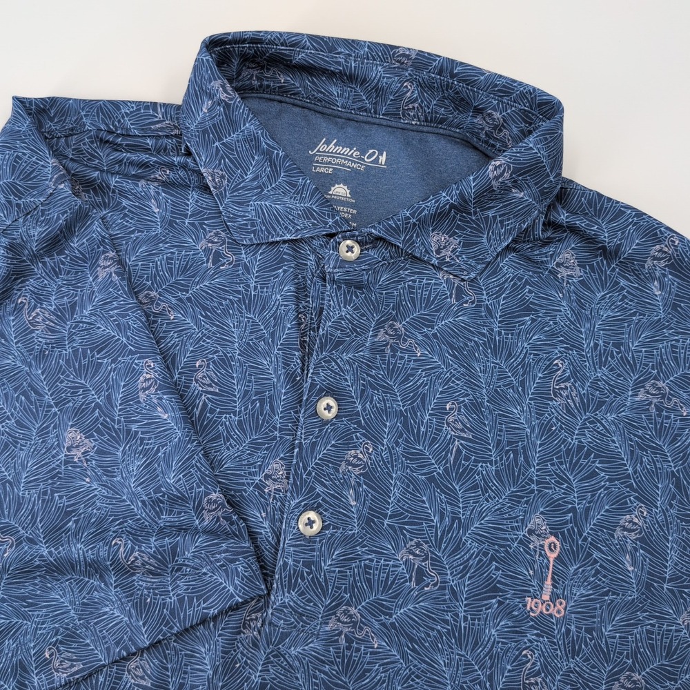Johnnie-O Osmond Golf Polo Mens Large Performance Flamingo Palms Blue UV